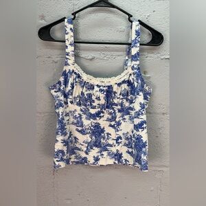 BDG Urban Outfitters Prairie Kimchi Blue Ceramic Print Linen Blend Zip Back Top